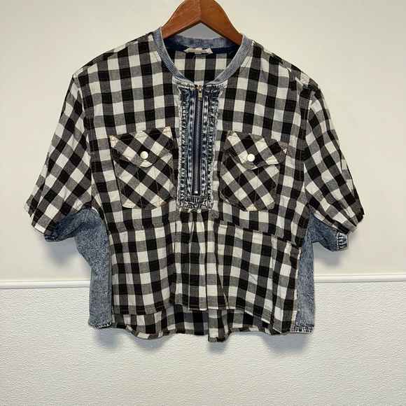 Women's Promesa Shirt, S, Black and White gingham cropped zipper denim pockets - Picture 7 of 8